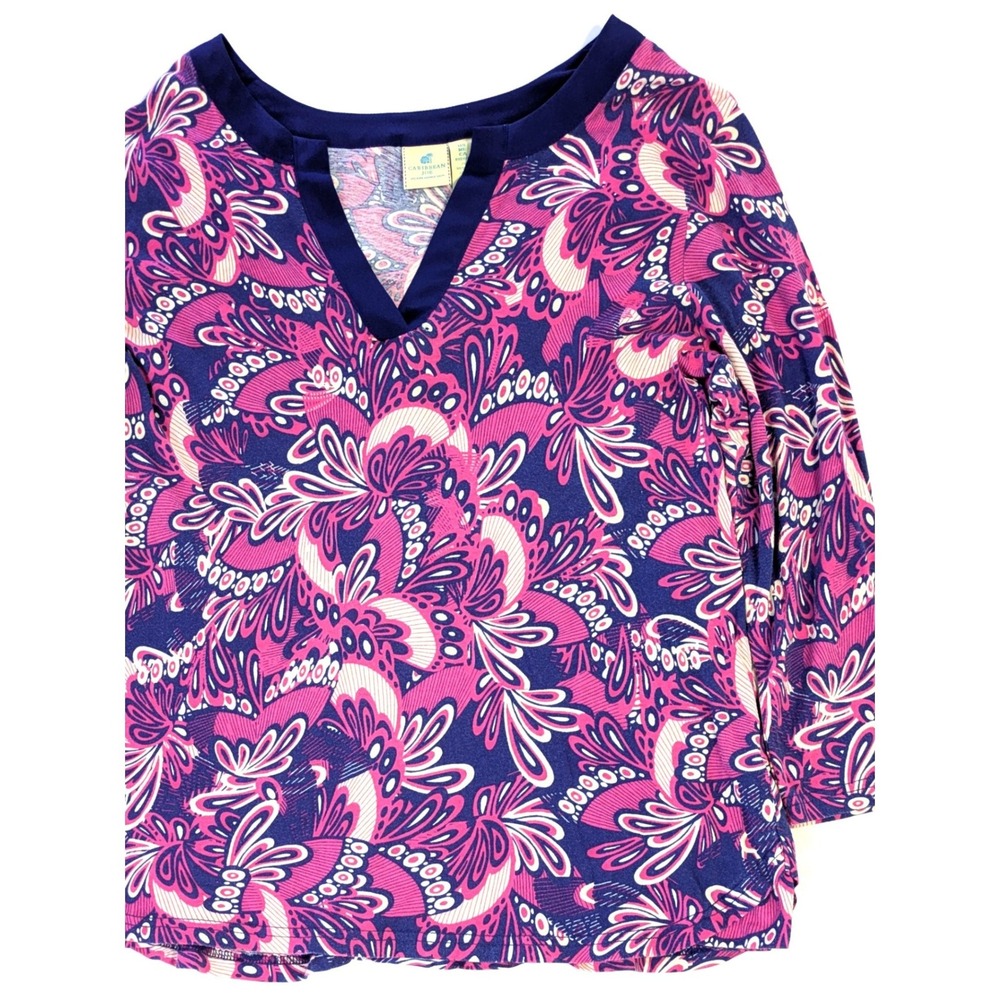 Caribbean Joe Pink Purple Floral Paisley V-Neck 3/4 Sleeve Top Large